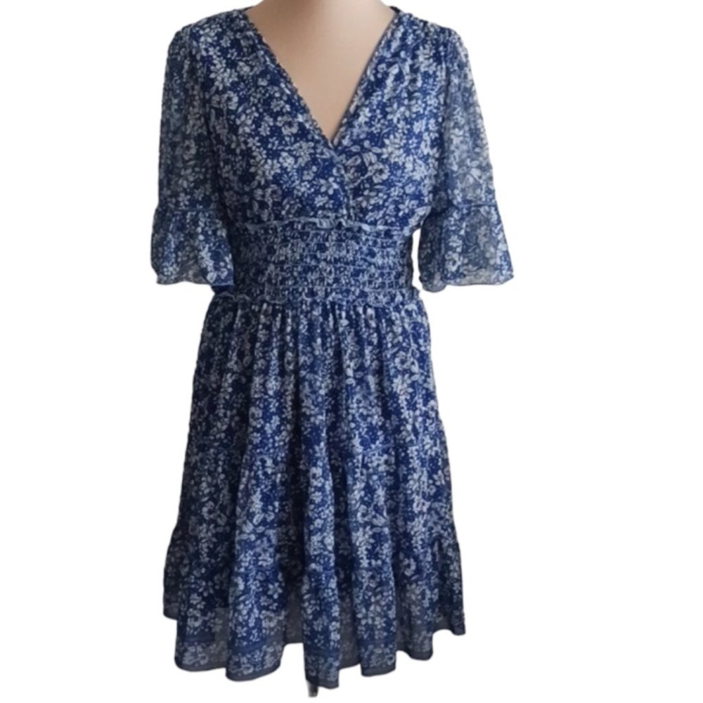 Max Studio Blue Floral Tiered Ruffle Dress Midi Sz.S